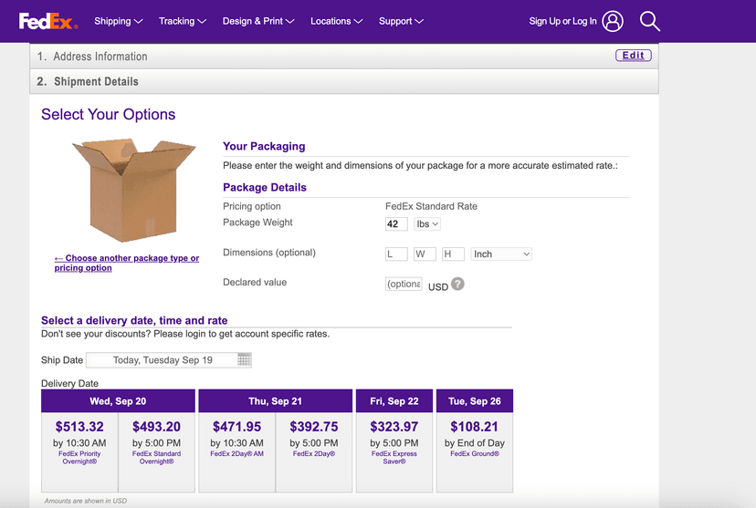 Image of Fedex quote interface